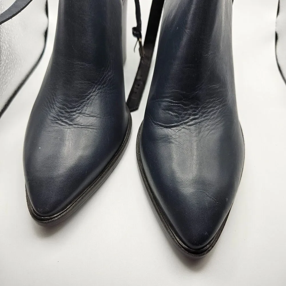 ALL SAINTS 9.5 Ivy Block Heel Bootie Shoes in Dusty navy Blue Leather Almond Toe
